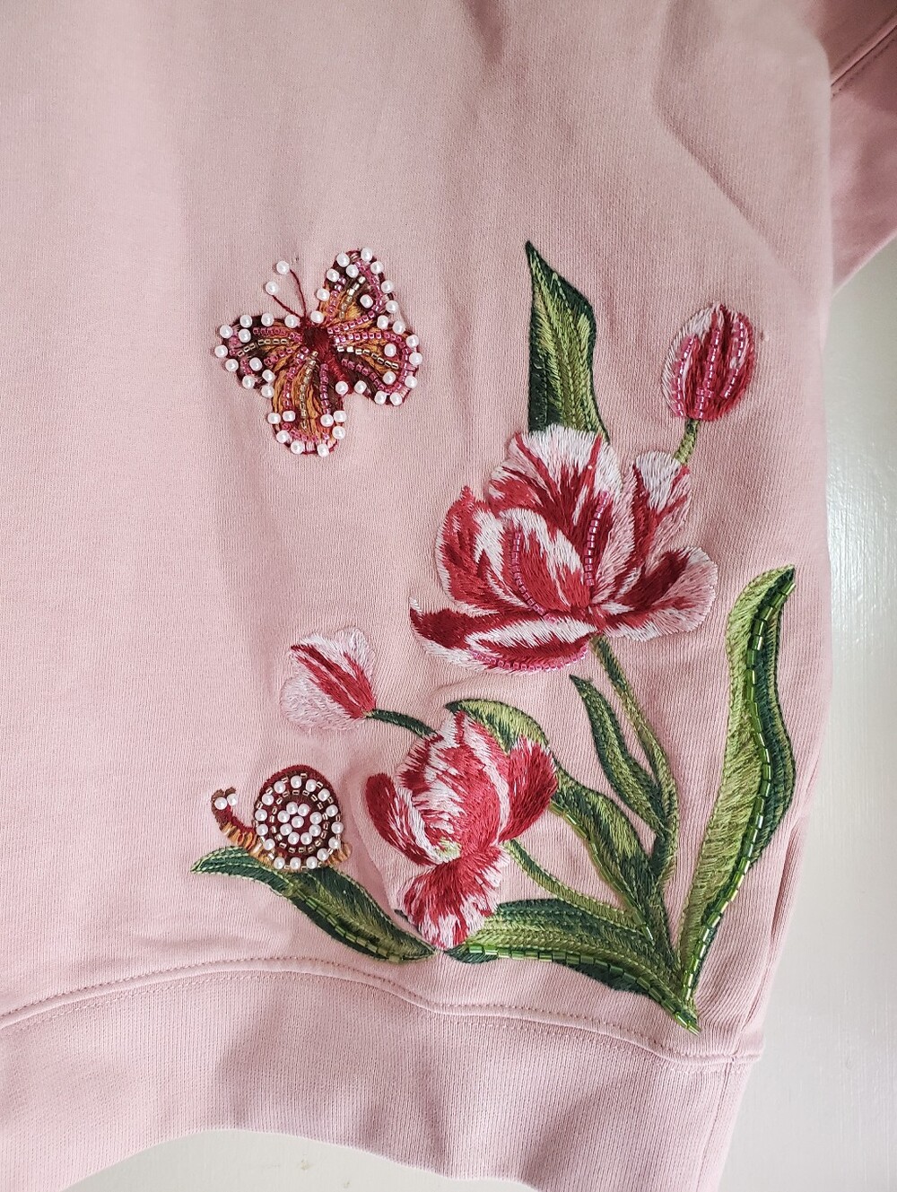 Floral Embroidered Pink Short-Sleeve Henley Top Twirly Tulips Crystal Rose - Picture 7 of 13